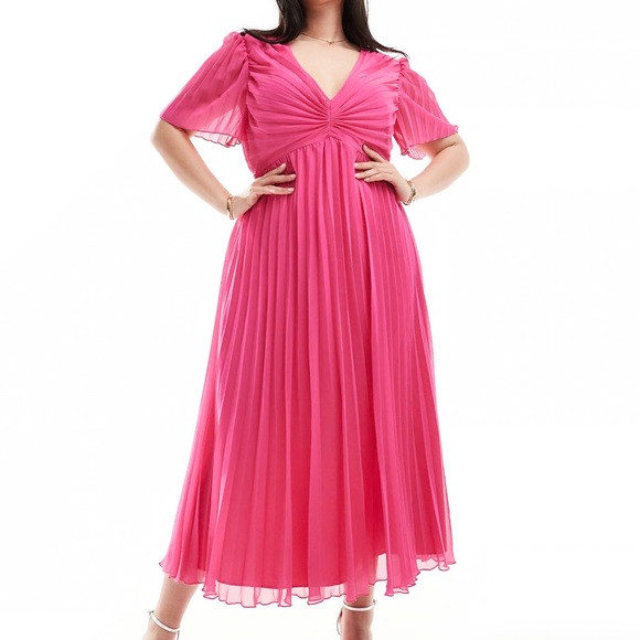 ASOS Curve Dresses & Skirts - ASOS Design Curve Pleated Bodice Flutter Sleeve Pleat Midi Dress, Hot Pink, 12